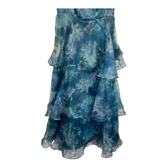 Lulu's Lulus Darling Vision Teal Floral Organza Puff Sleeve Tiered Midi Dress M - Picture 4 of 16